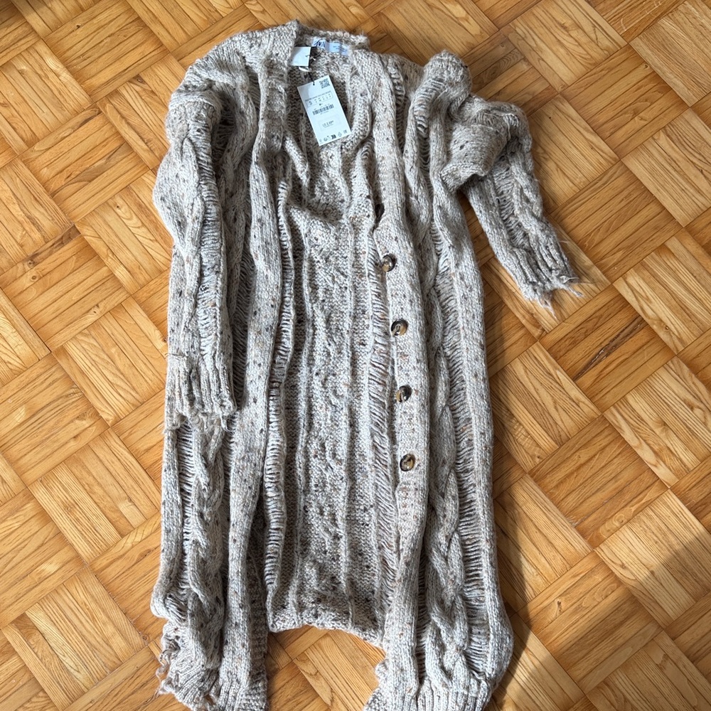 NWT Zara Floor Length Distressed Knit Duster